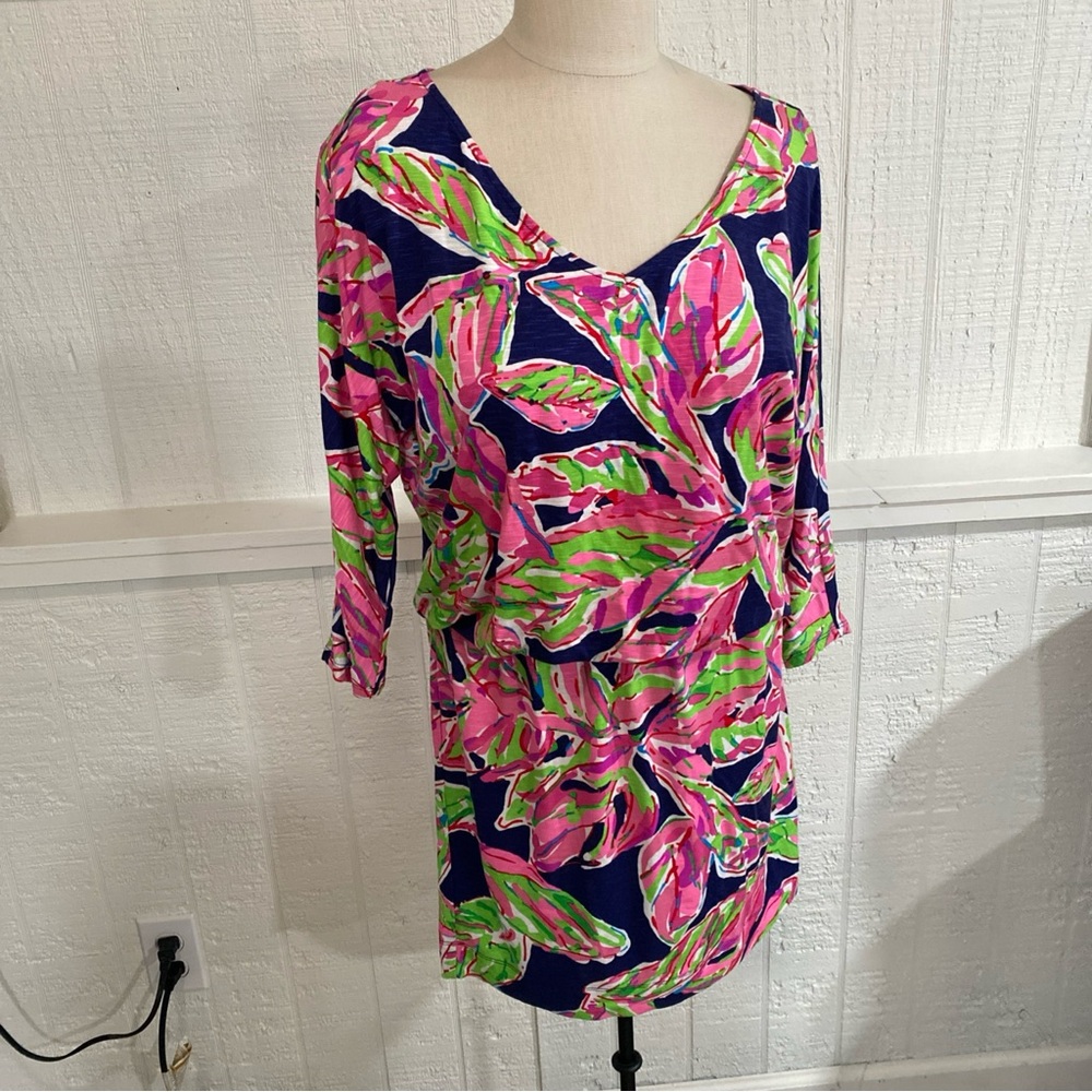 Lilly Pulitzer Multi Colored Dress Tropical Leaf Pattern 3/4 Sleeves Small EUC